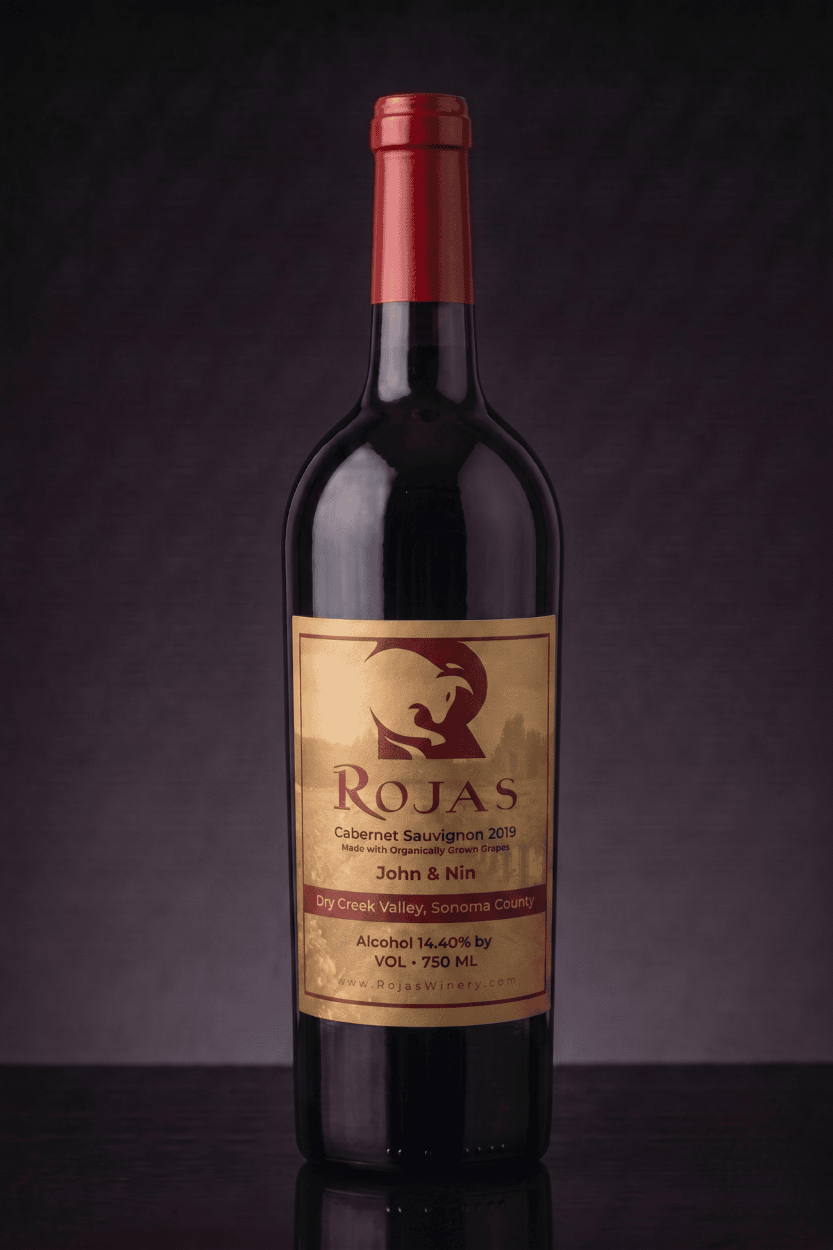 A bottle of Rojas Cabernet Sauvignon 2019 wine with a red cap and gold label, photographed against a dark, textured background.