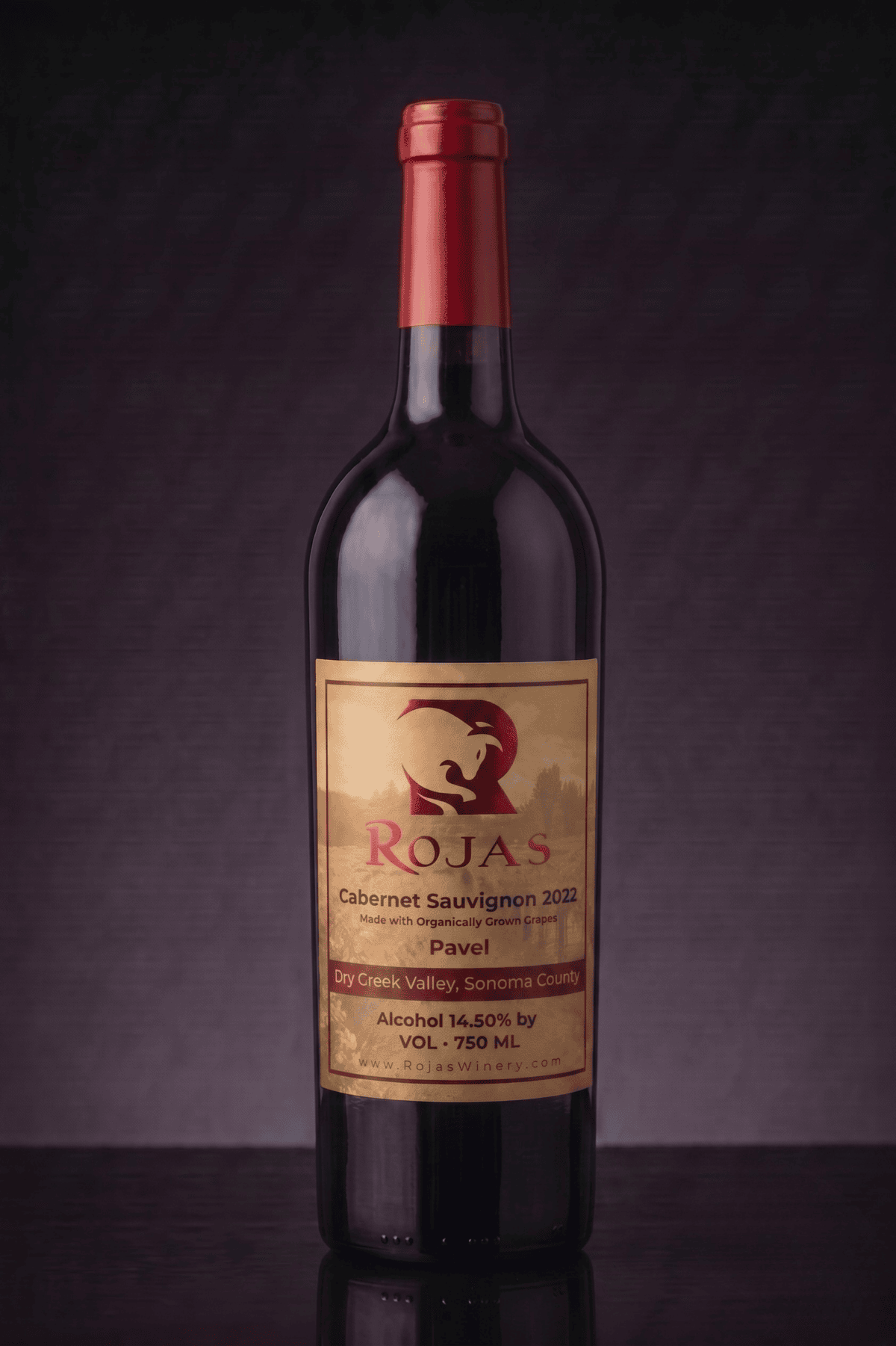 A bottle of Rojas Cabernet Sauvignon 2022 wine with a gold and red label standing upright against a dark, textured background.