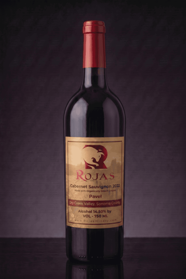 A bottle of Rojas Cabernet Sauvignon 2022 wine with a gold and red label standing upright against a dark, textured background.