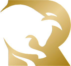 A gold stylized letter R with the negative space forming the shape of a lions head facing left.
